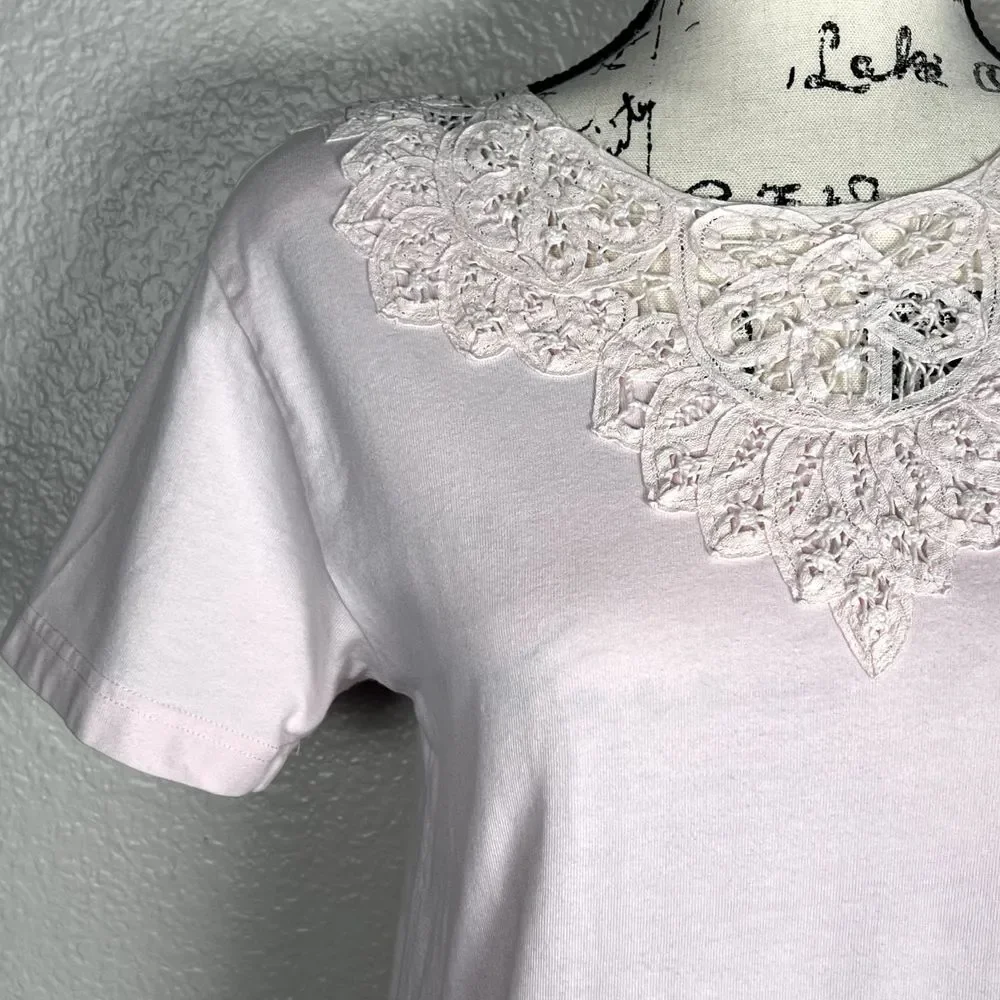 Westbound Petites Top PS Pink 100% Cotton Short Sleeve Crochet Lace Neckline - Picture 2 of 10